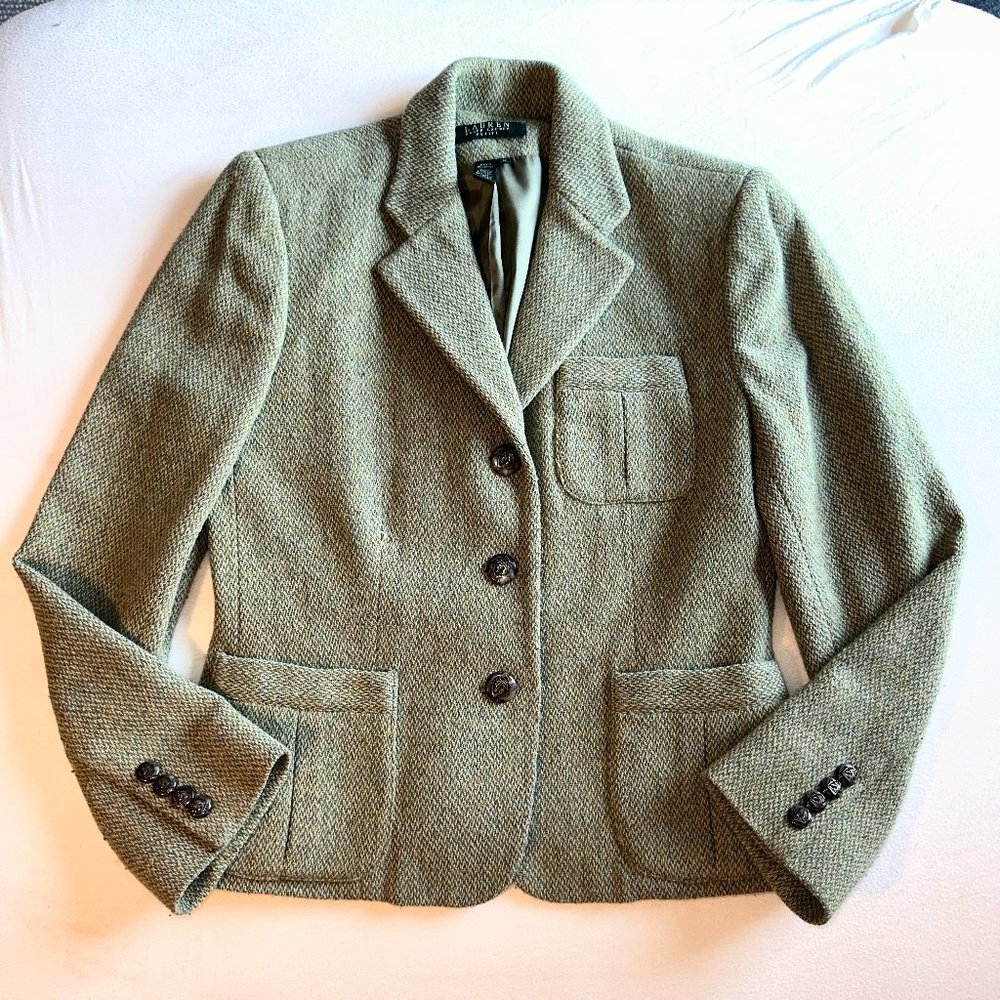 Vintage Lauren Ralph Lauren Sage Green Tweed Wool Blazer (6P)